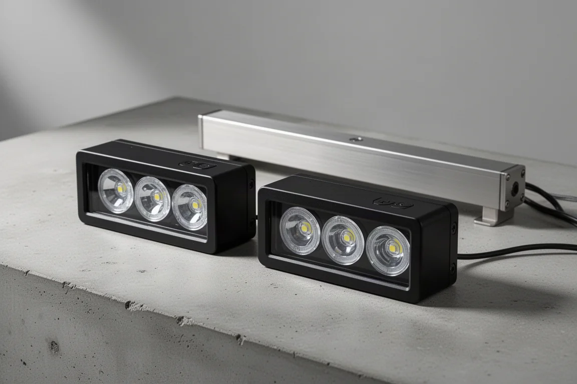 コンクリートの上に置かれた、円形パックを備えた黒いLED水槽用照明器具2台とスリムなハイブリッド器具