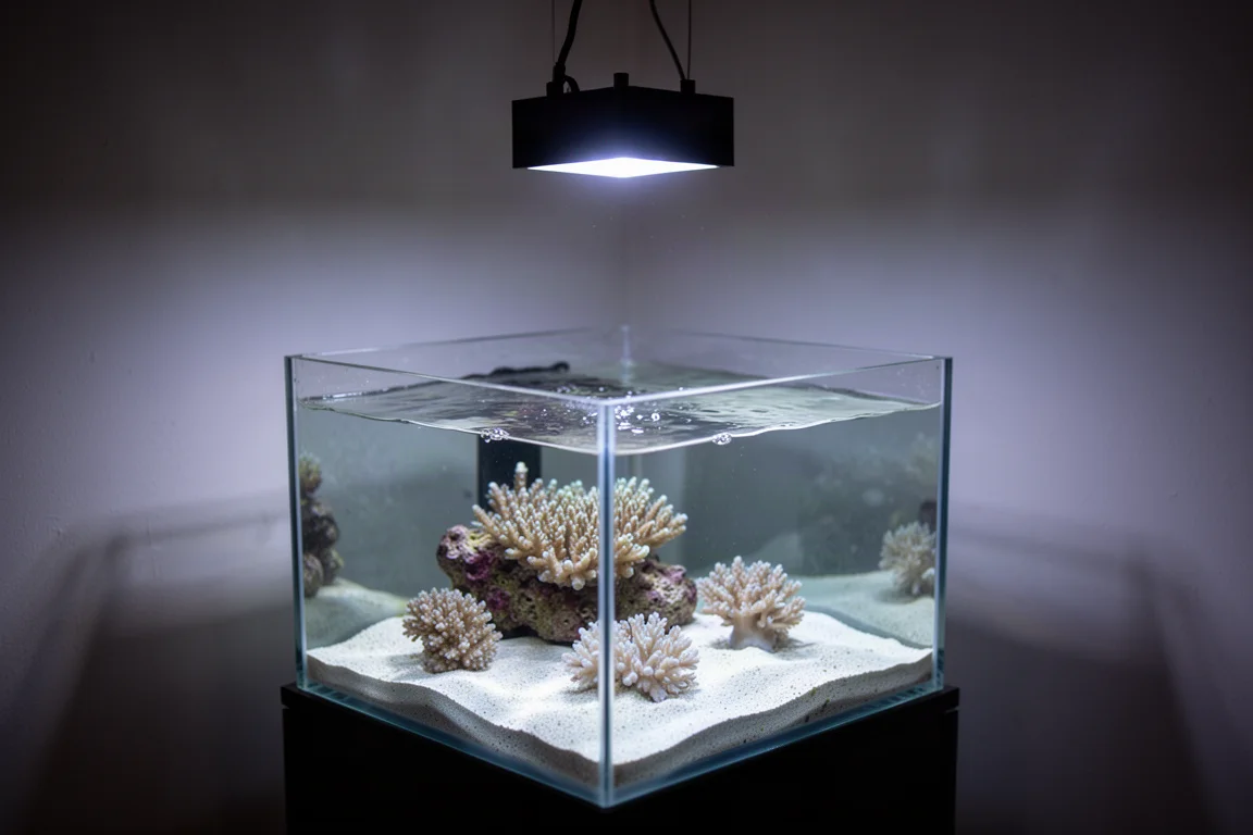 Éclairage LED compact brillant au-dessus d'un petit aquarium récifal cubique avec coraux mous