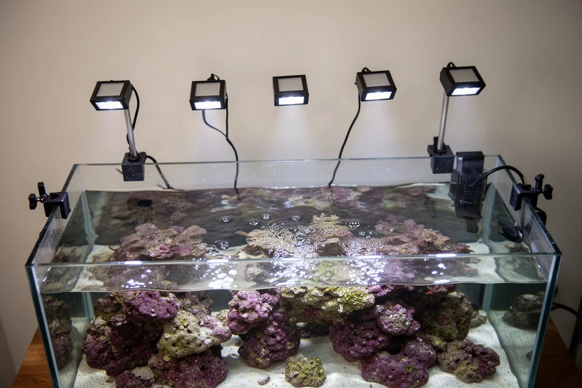 Vue de dessus de plusieurs petits luminaires LED au-dessus d'un long aquarium récifal