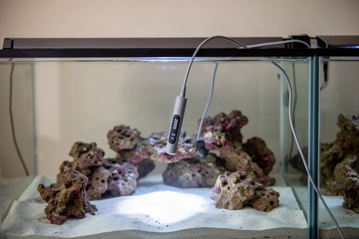 Sonde de capteur PAR immergée dans un aquarium récifal au bout d'un câble fin