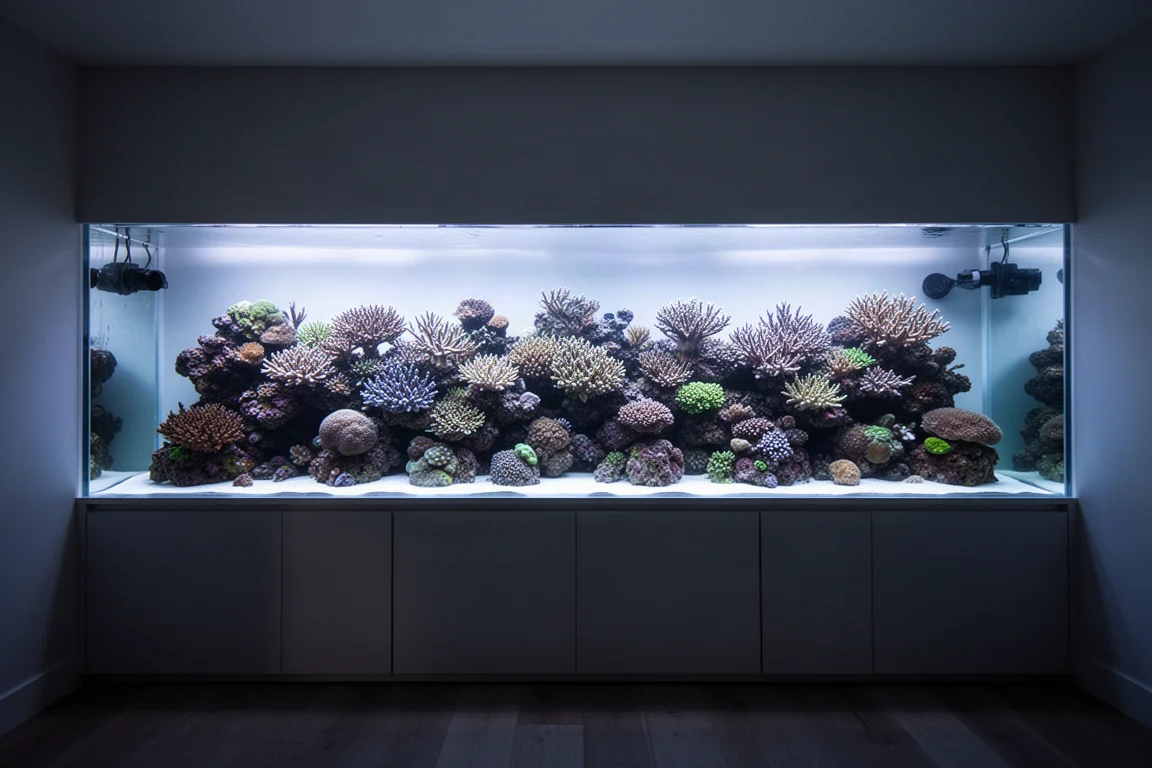 Aquarium récifal éclairé uniformément d'un bout à l'autre avec des colonies de coraux mixtes