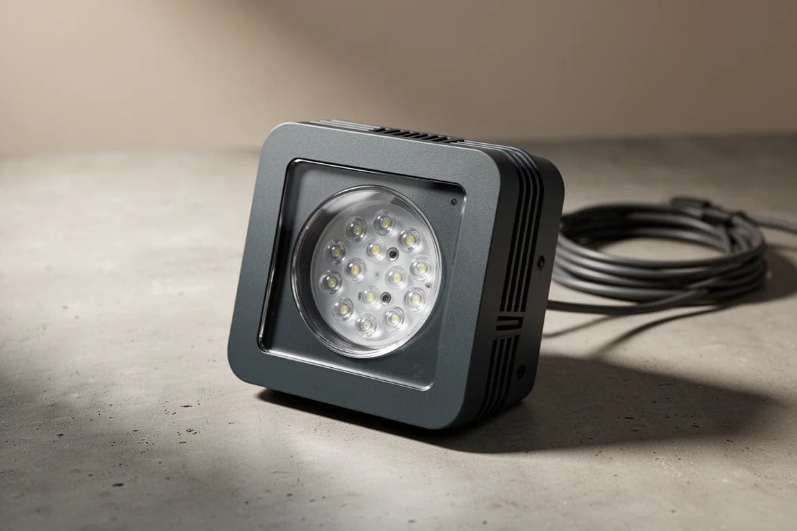 マットなコンクリート面に置かれたコンパクトな正方形のリーフアクアリウム用 LED ライト