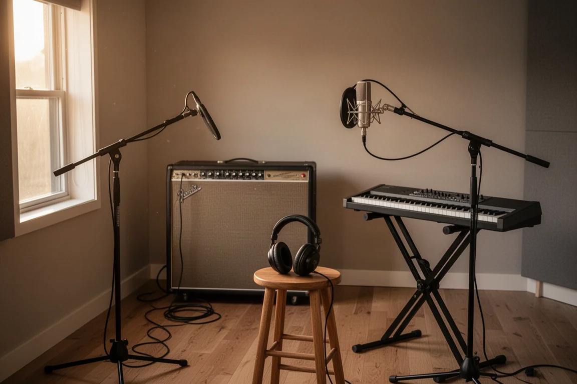 Sala de estúdio de gravação com amplificador de guitarra, teclado, microfone vocal e fones de ouvido em um banco