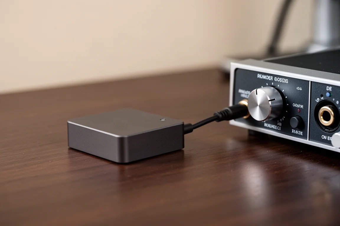 Transmissor wireless conectado a uma interface de áudio em uma mesa de madeira escura