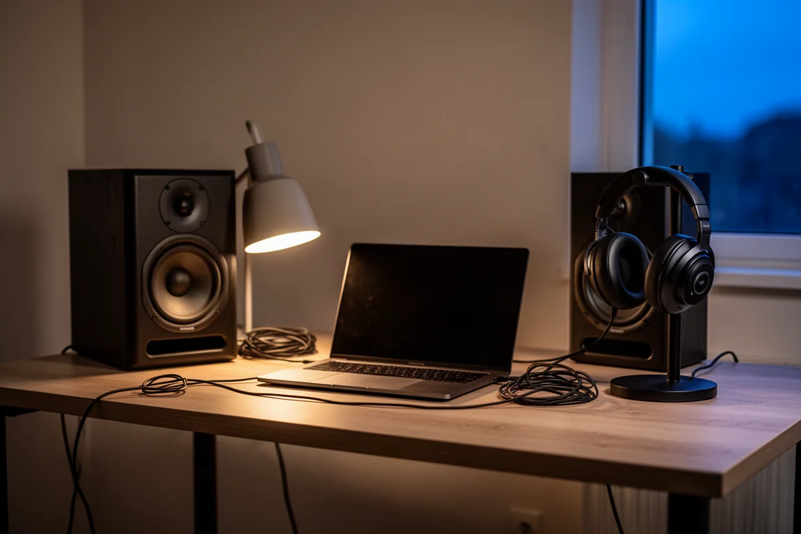 Mesa de home studio ao anoitecer com monitores de áudio e fones de ouvido em um suporte