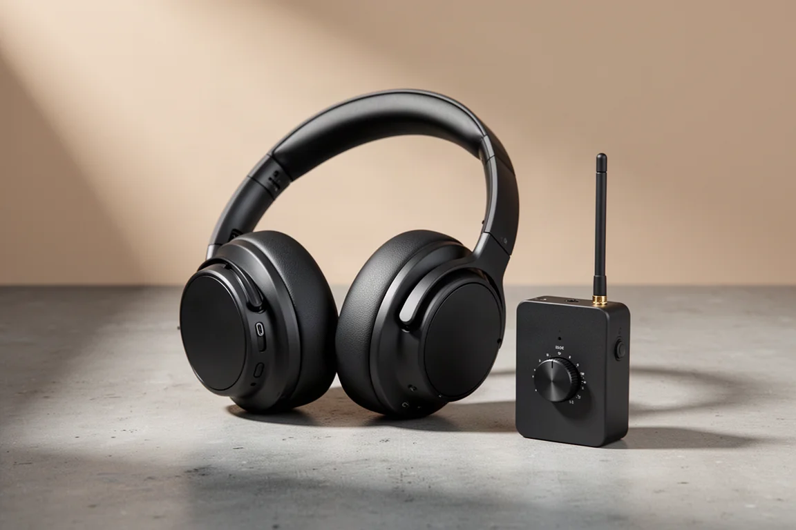 Black over-ear studio headphones beside a small wireless transmitter on a concrete surface