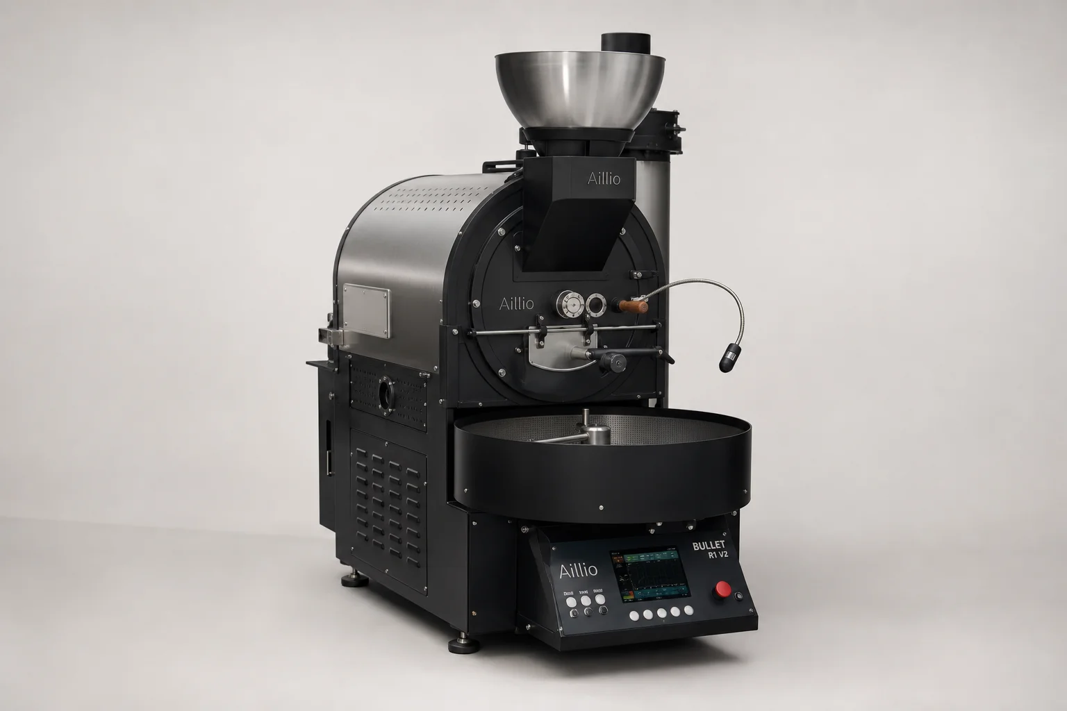 Five home coffee roasters arranged in a line showing size and design progression