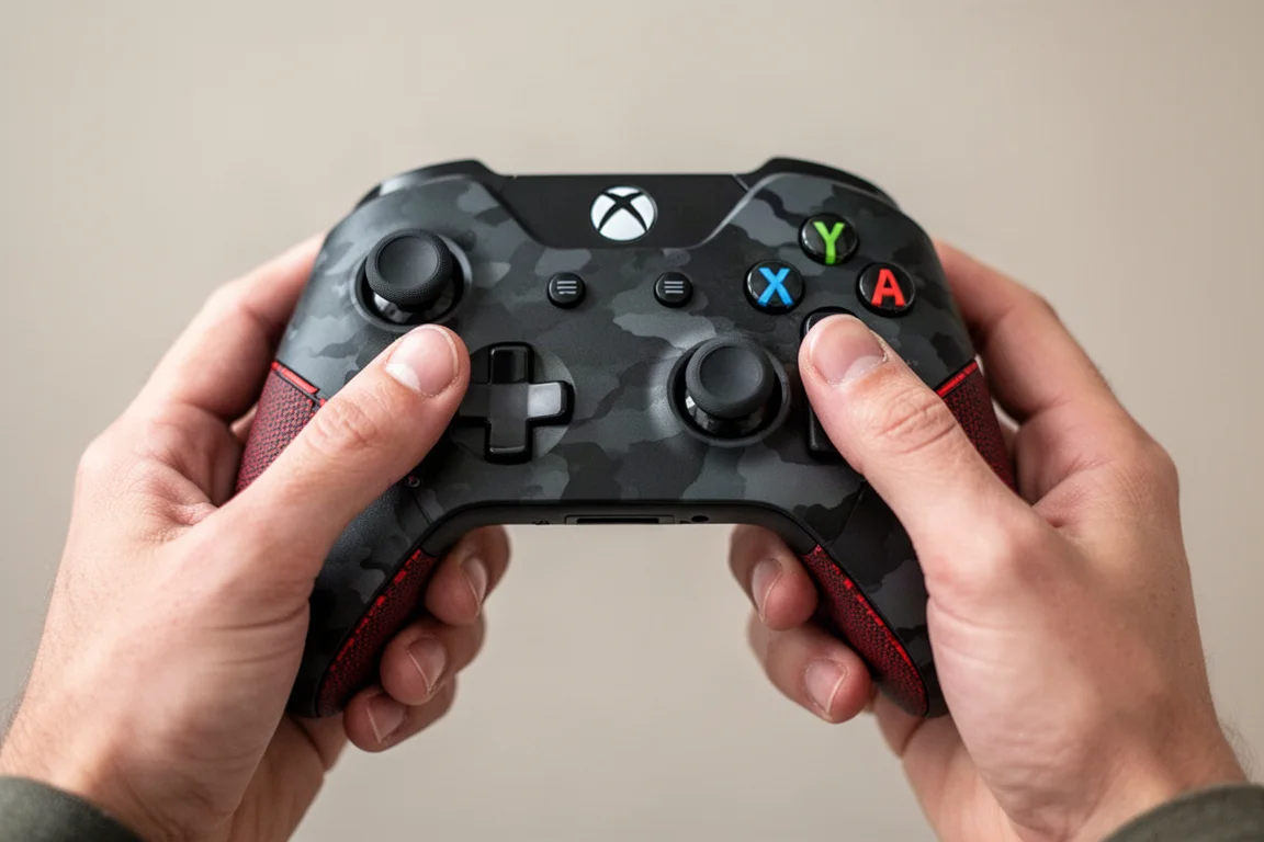 Hände, die einen benutzerdefinierten Xbox-Controller mit sichtbaren hinteren Paddles halten