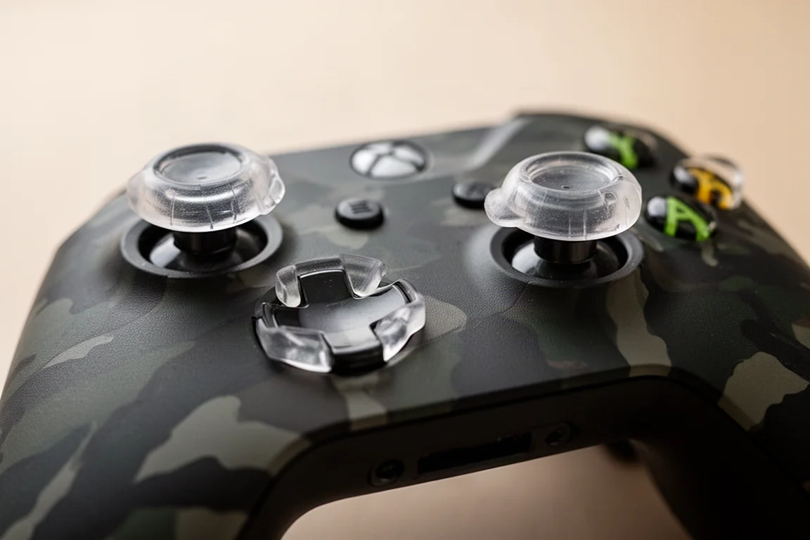 Nahaufnahme von Thumbsticks mit klaren Gummihüllen auf einem Controller