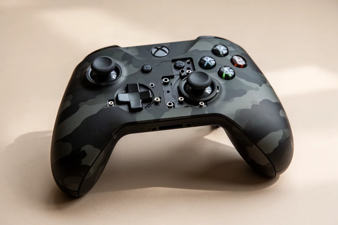 Benutzerdefinierter Controller mit entfernter Oberplatte, die interne Komponenten zeigt
