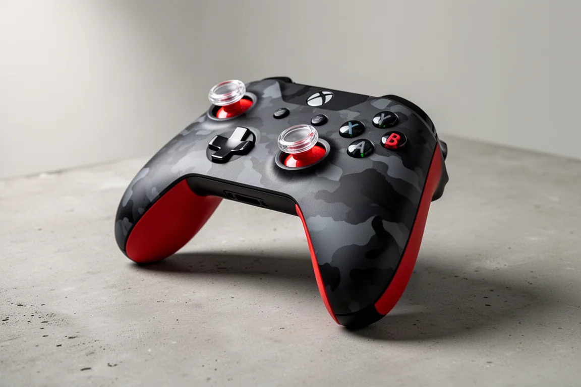 Controller Xbox personalizzato con piastra superiore mimetico e accenti rossi sulle impugnature