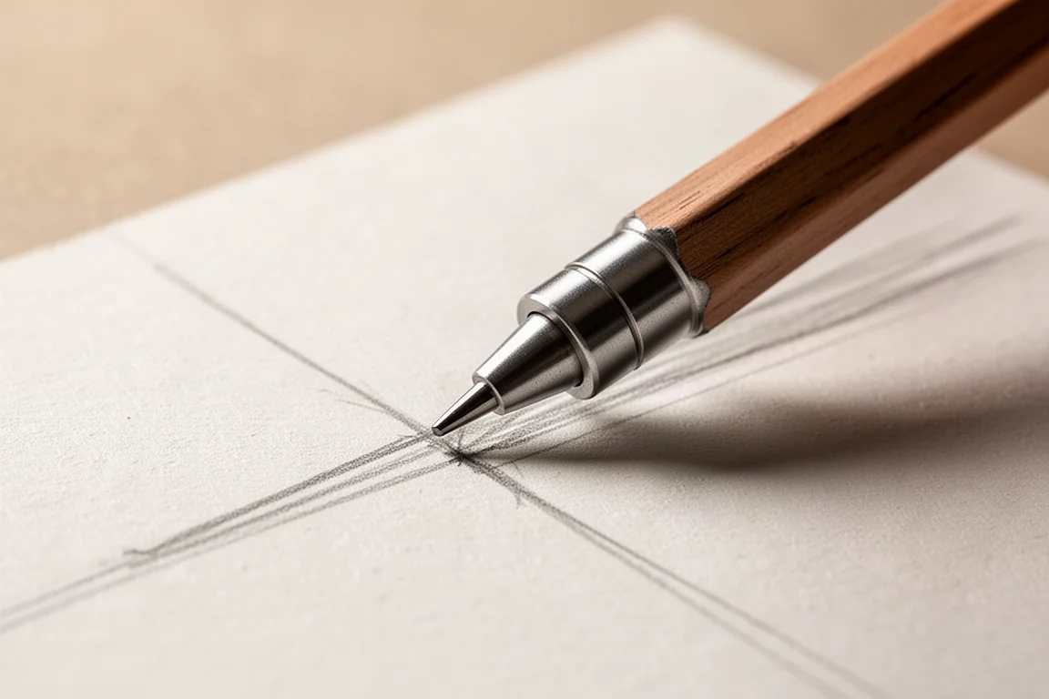 Il tubo guida fisso da 4mm di un portamine appoggiato su carta con leggere linee di matita