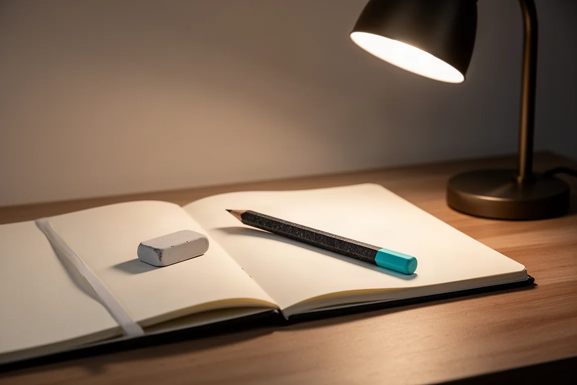 Una scrivania con materiale di studio e un portamine nero sotto una luce soffusa di lampada