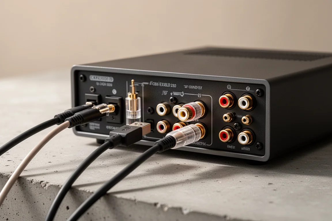 Optiska, USB- och RCA-kablar anslutna till baksidan av en kompakt förstärkare