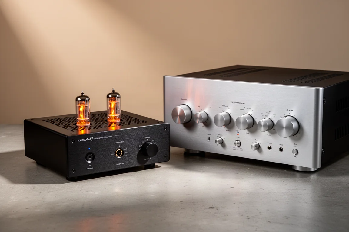 Compact tube-equipped amplifier beside a larger silver integrated amplifier on a concrete surface