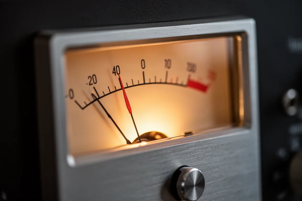 Nahaufnahme der Nadeln eines analogen VU-Meters mit warmem bernsteinfarbenem Hintergrundlicht