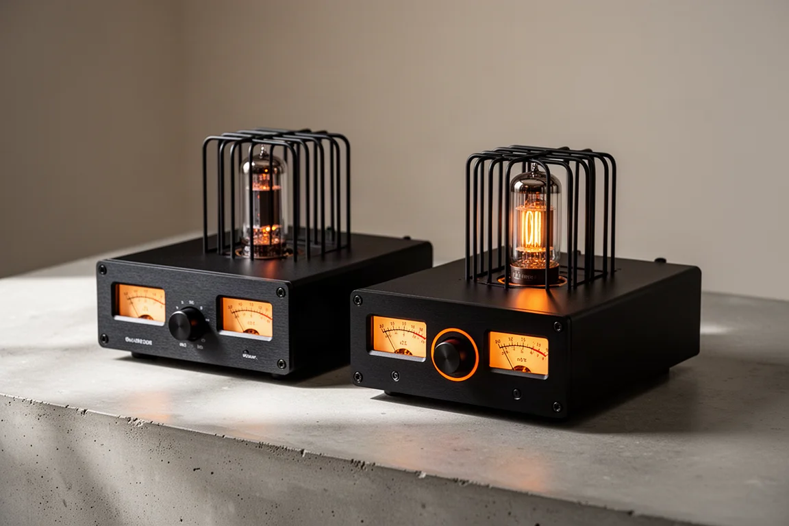 Two compact tube amplifiers with VU meters side by side on a concrete surface