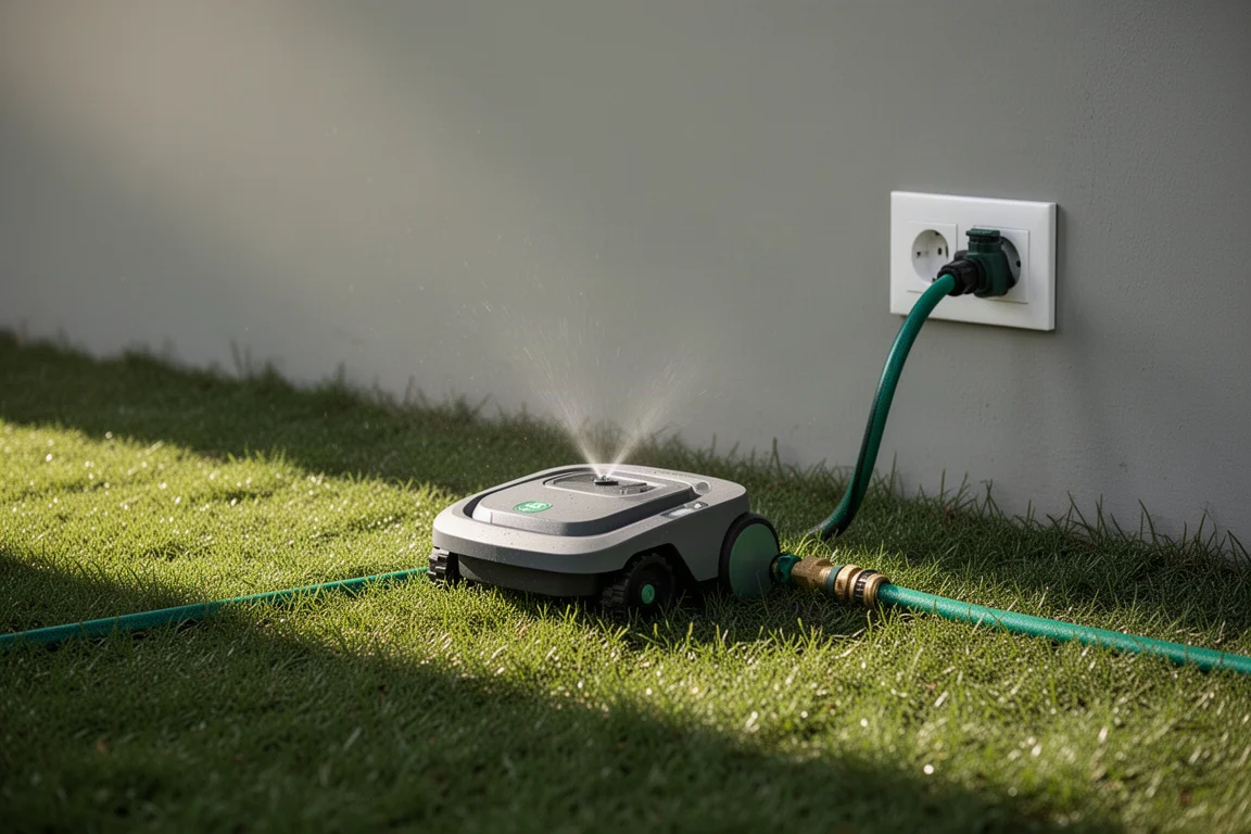 Lage robotische sprinkler op een gazon naast een slang en stroomaansluiting