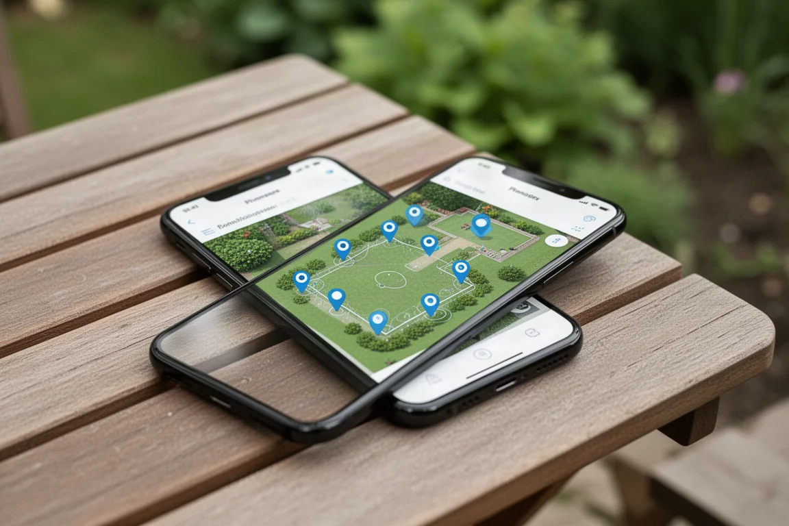 Smartphone-scherm met een besproeiingsapp die een tuin met waypoints in kaart brengt