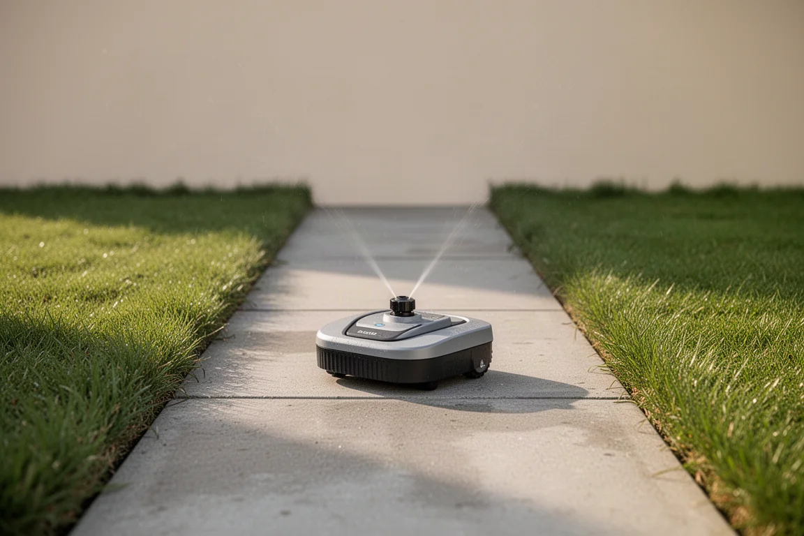 Robotische sprinkler die over een gazon wordt gedragen naar een andere zone