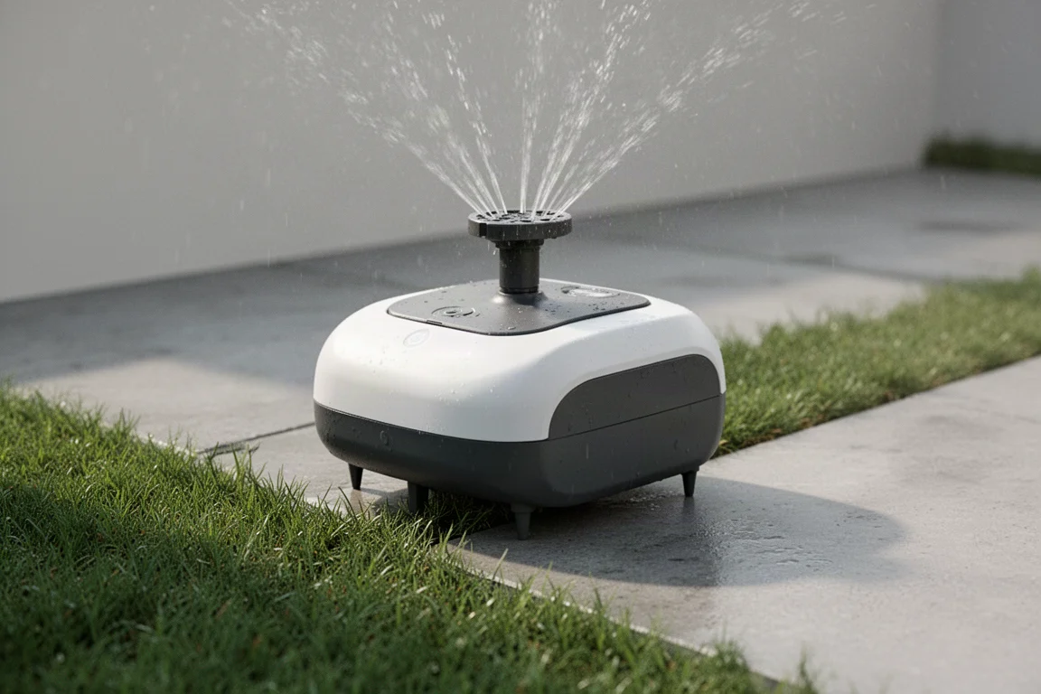 Low-profile robotic sprinkler on a lawn edge next to a concrete path