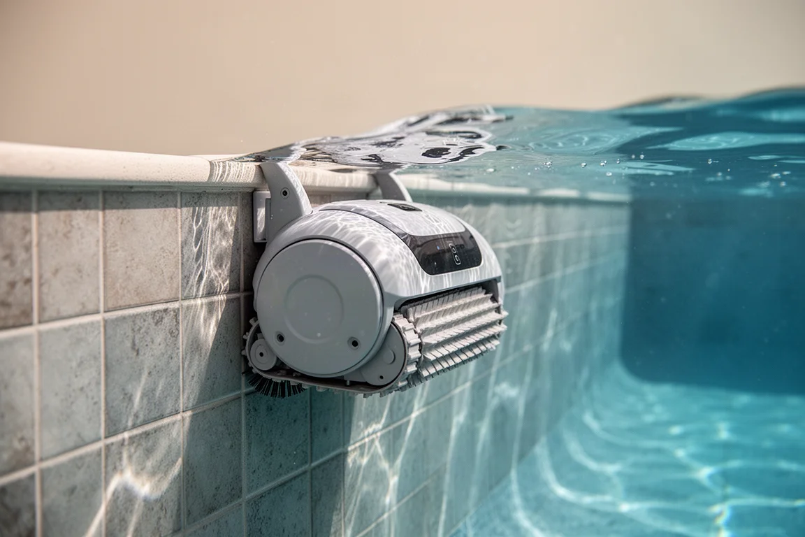 Snoelloze robotpoolcleaner die de betegelde wand van een zwembad op klimt