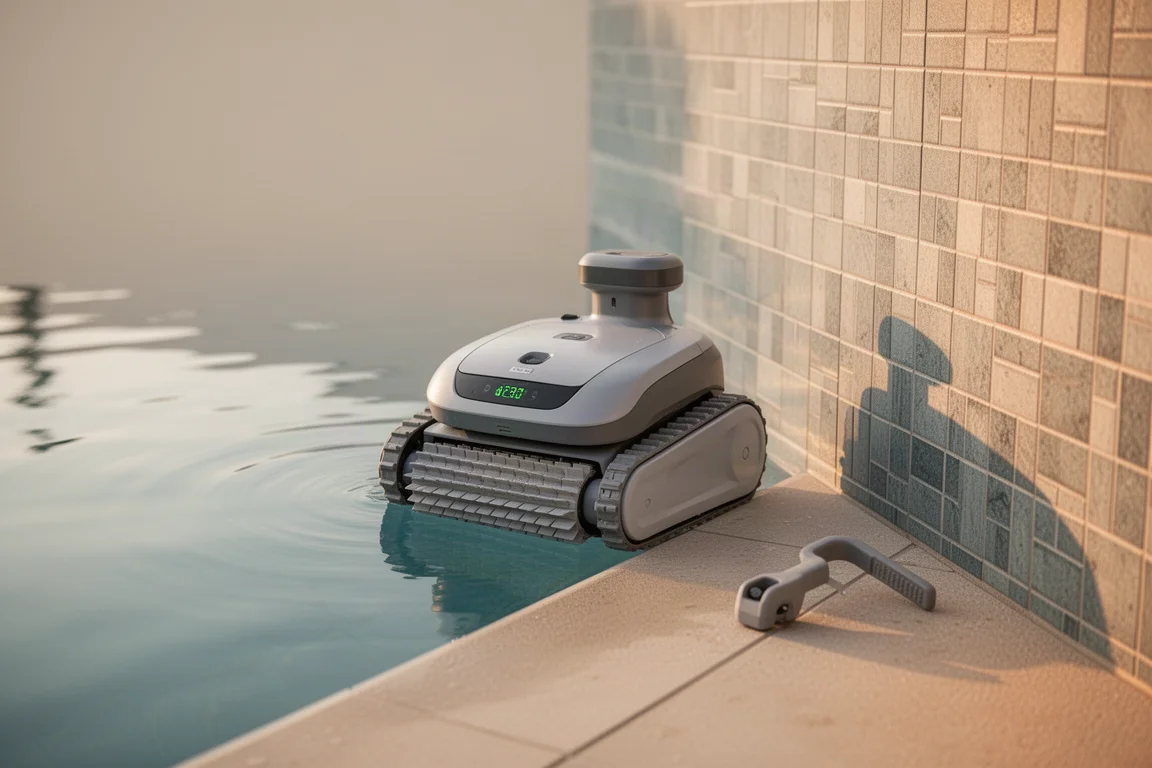 Robotpoolcleaner geparkeerd naast een zwembadwand aan de waterkant