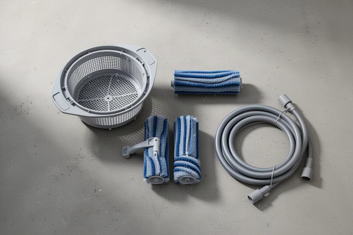 Platte opname van het verwijderbare vuilniszeefje en het borstelsysteem van een robotpoolcleaner