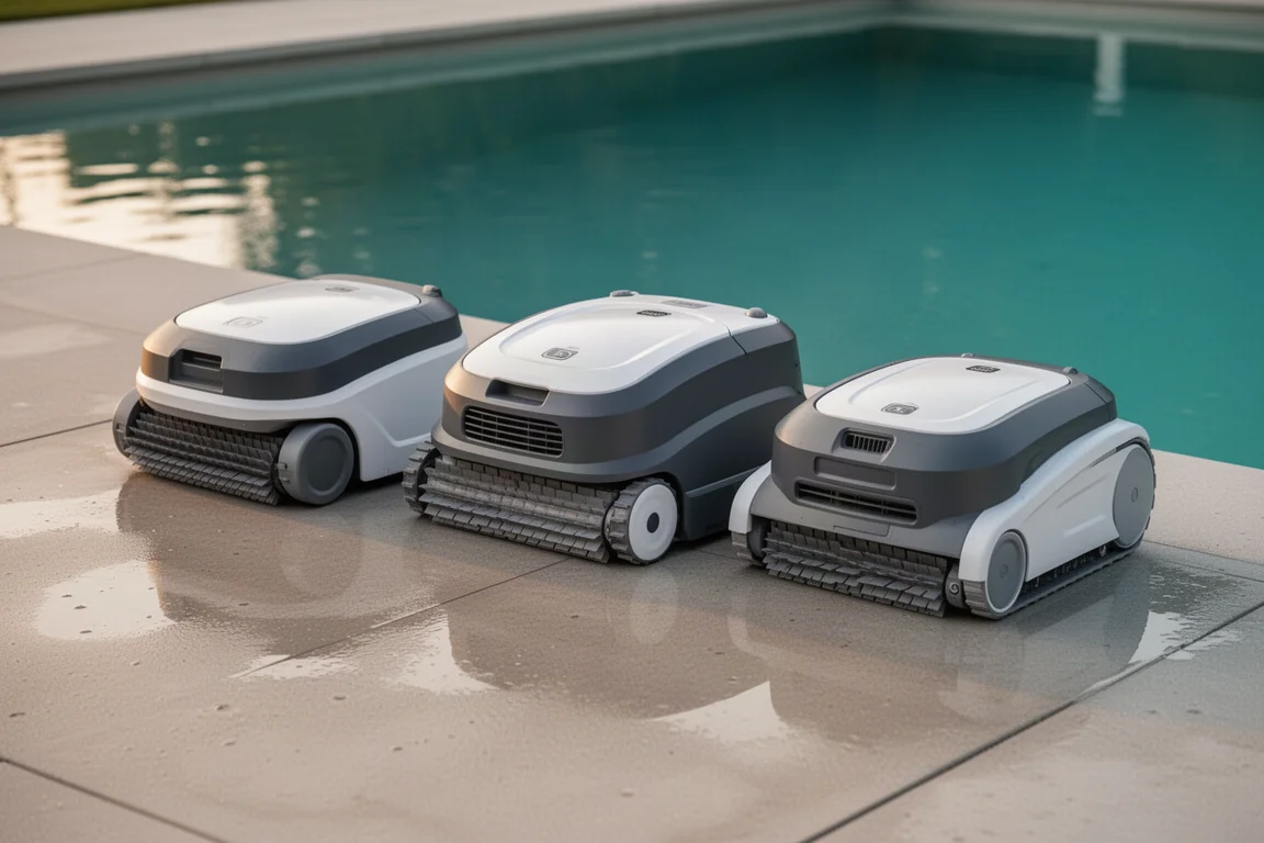 Vier snoelloze robotpoolcleaners op een rij op een betonnen zwembadterras