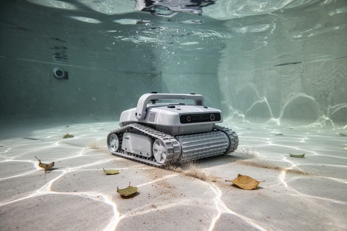 Snoelloze robotpoolcleaner glijdt over de bodem van een zonnig zwembad