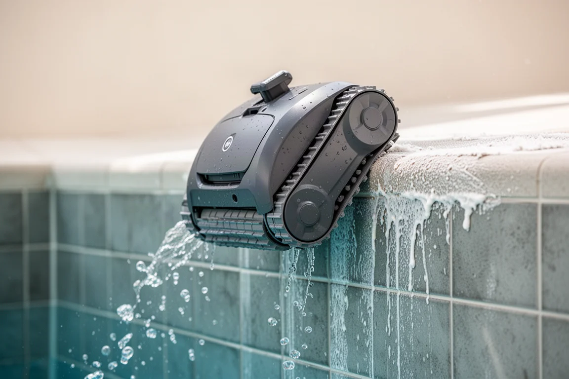 Robotpoolcleaner klimt tegen de zwembadwand op bij de waterlijn