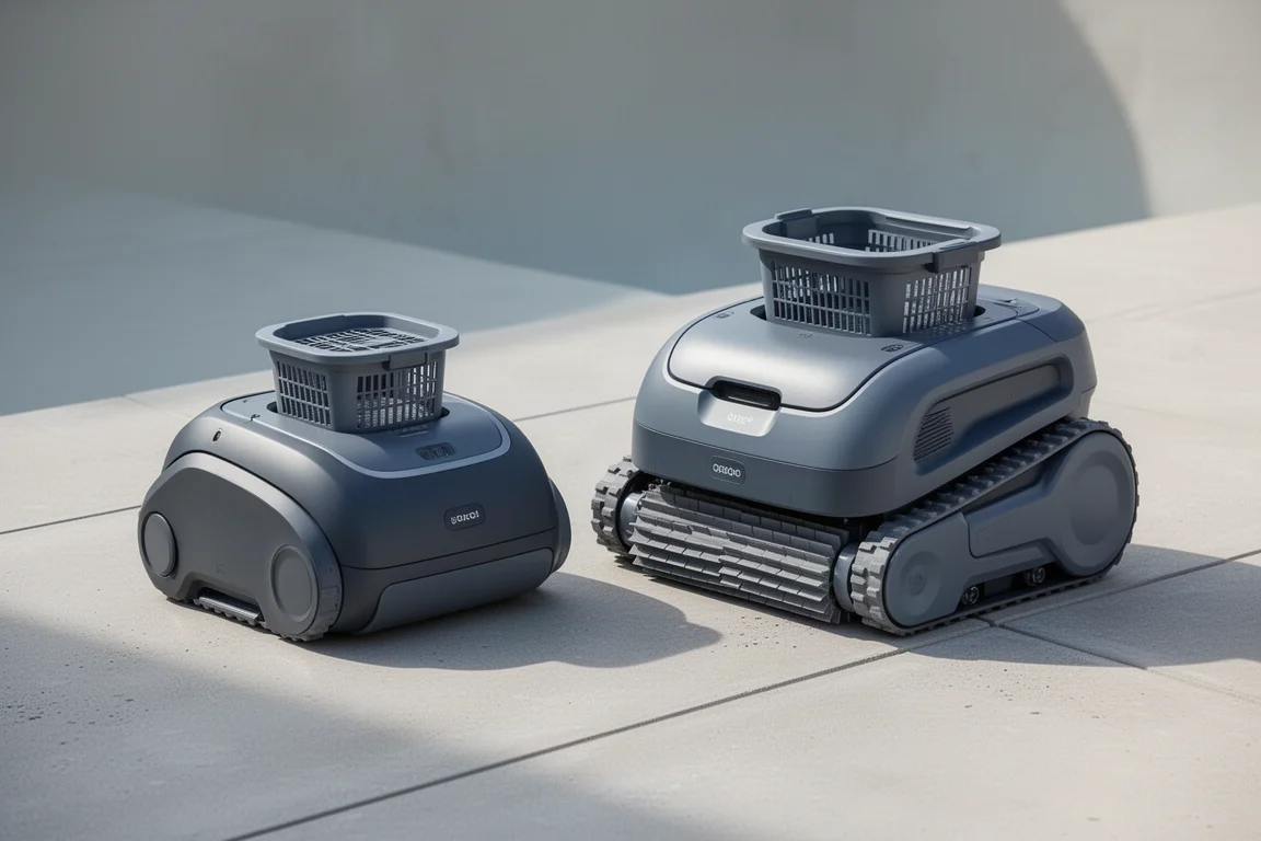 Aiper Scuba S1 and S1 Pro robotic pool cleaners side by side on a pool deck