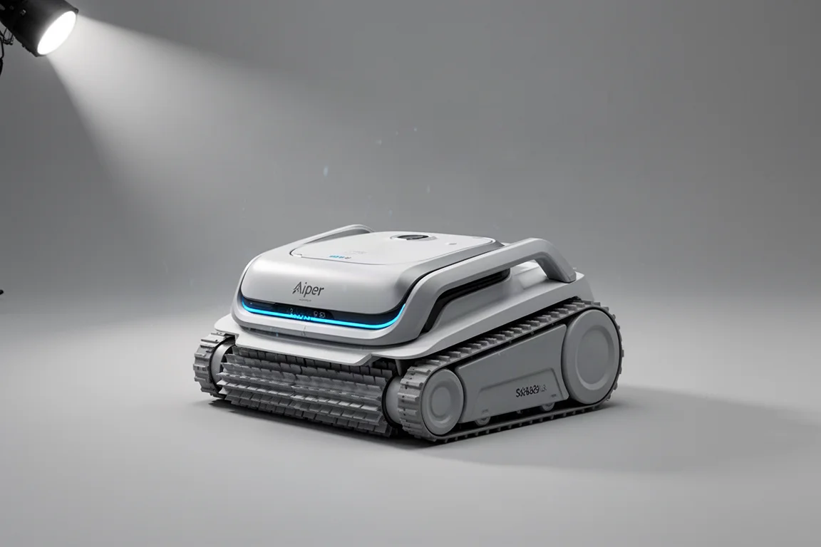 Ten robotic pool cleaners arranged in two rows on concrete beside a pool