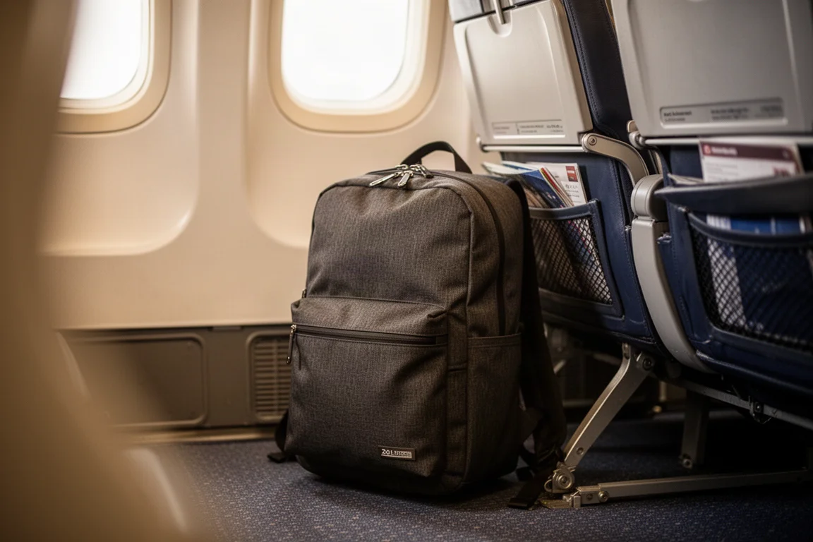 Zaino da viaggio compatto sotto il sedile di un aereo come oggetto personale