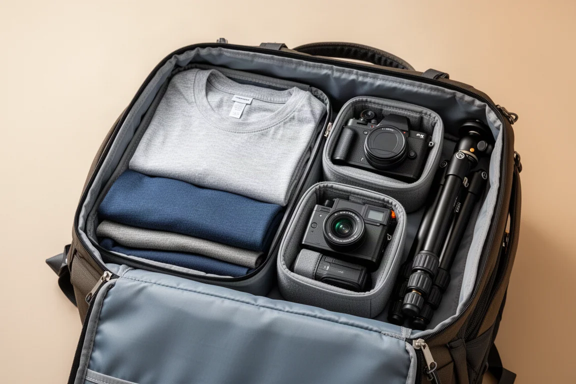 Cubo da imballaggio con vestiti piegati e attrezzatura fotografica dentro uno zaino aperto
