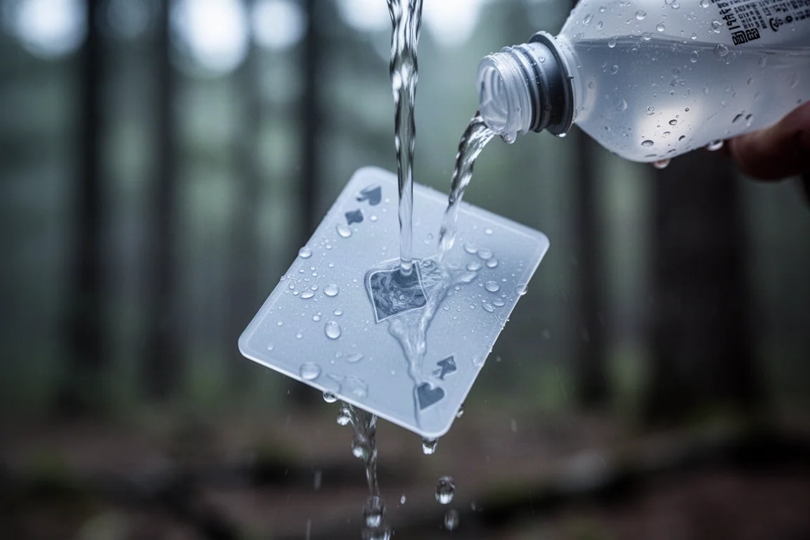 Ręce myjące plastikową kartę pod strumieniem wody