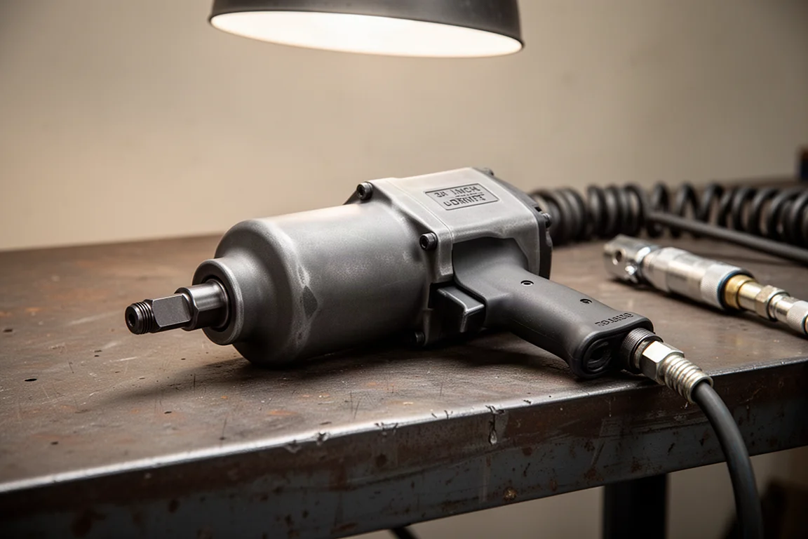 Grote 3/4-inch moercenter op een werkbank onder winkelverlichting