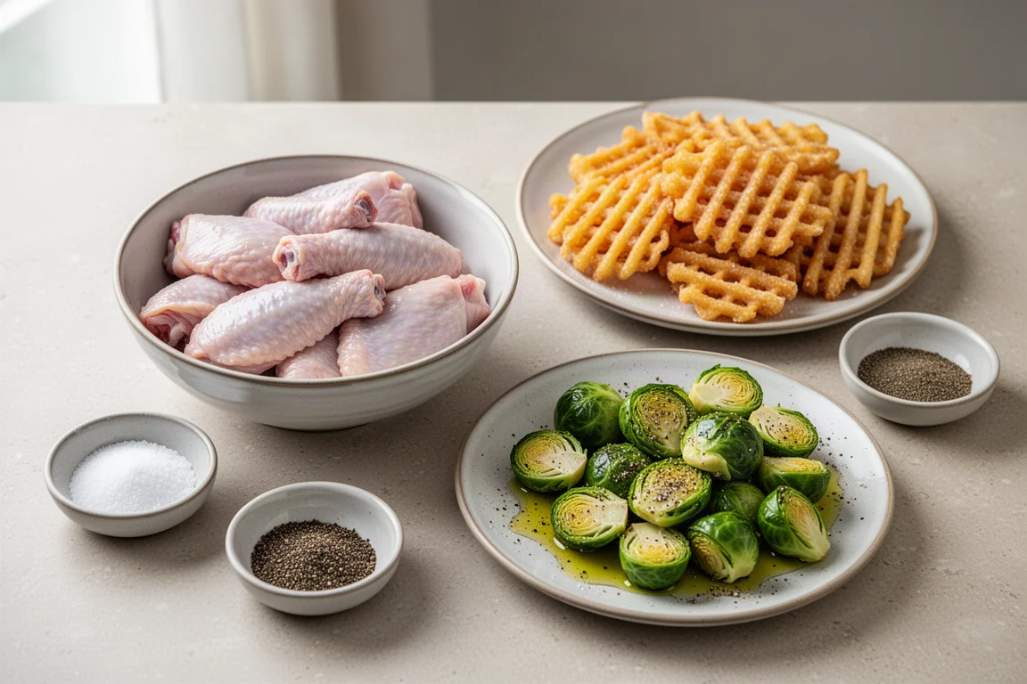 Chicken wings and fries arranged on a kitchen counter ready for cooking