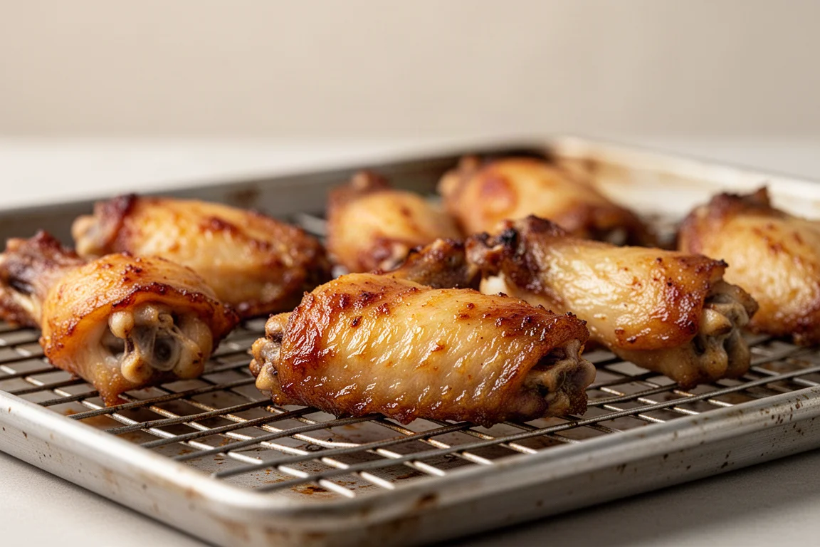 Crispy golden chicken wings cooling on a wire rack
