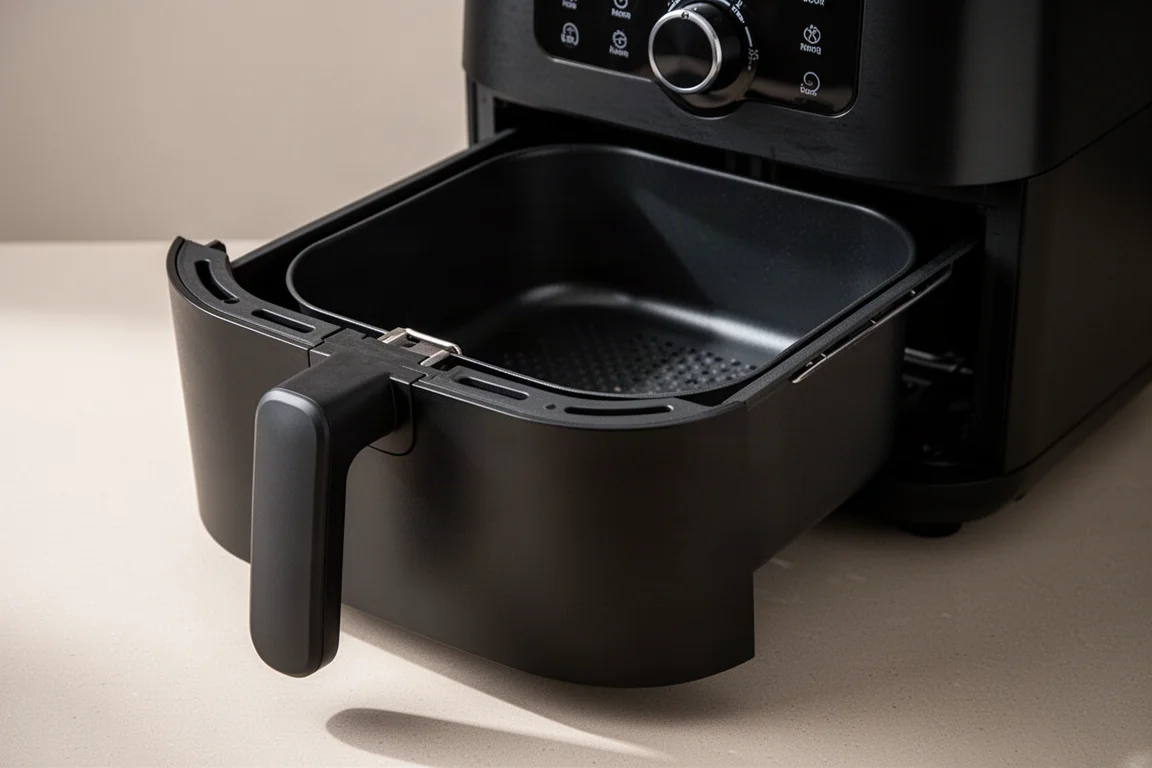 Hand holding the cool-touch handle of an air fryer basket drawer