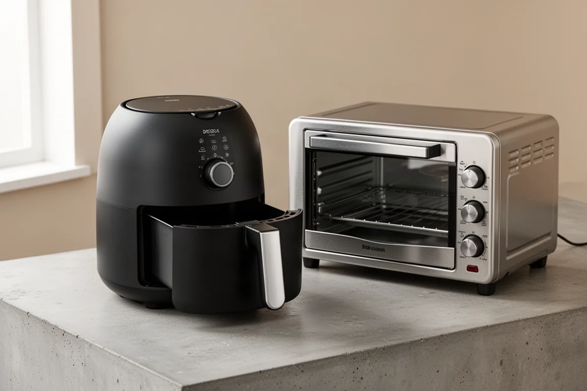 A pod-style air fryer and a convection toaster oven side by side on a countertop