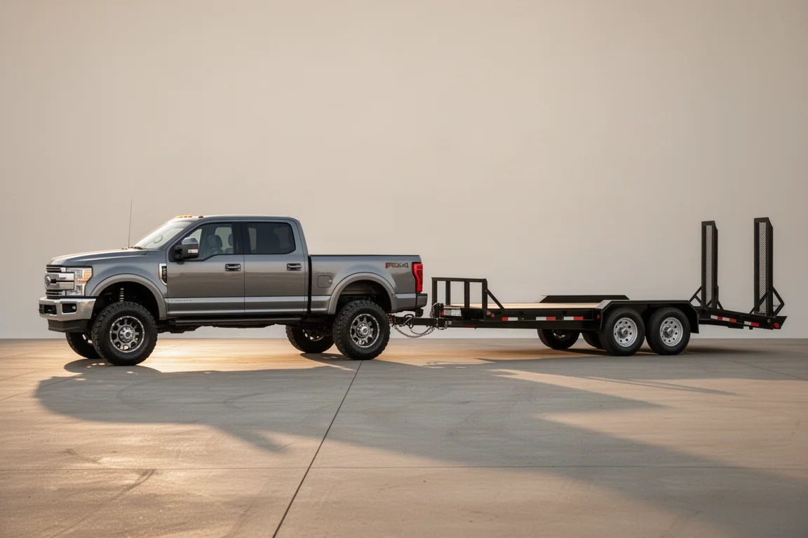 Pickup geparkeerd in evenwicht op beton naast een lege materieelaanhanger