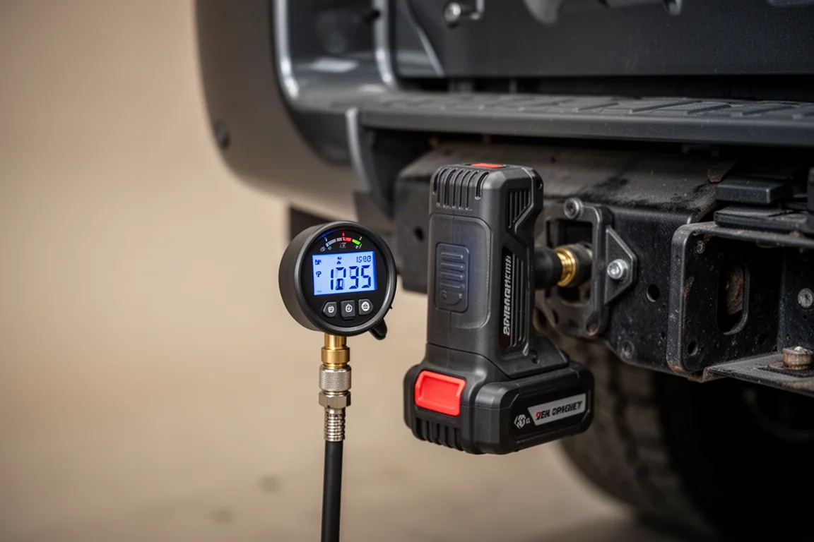 Meter van een luchtcompressor rond 50 psi tijdens het vullen van de luchtvering