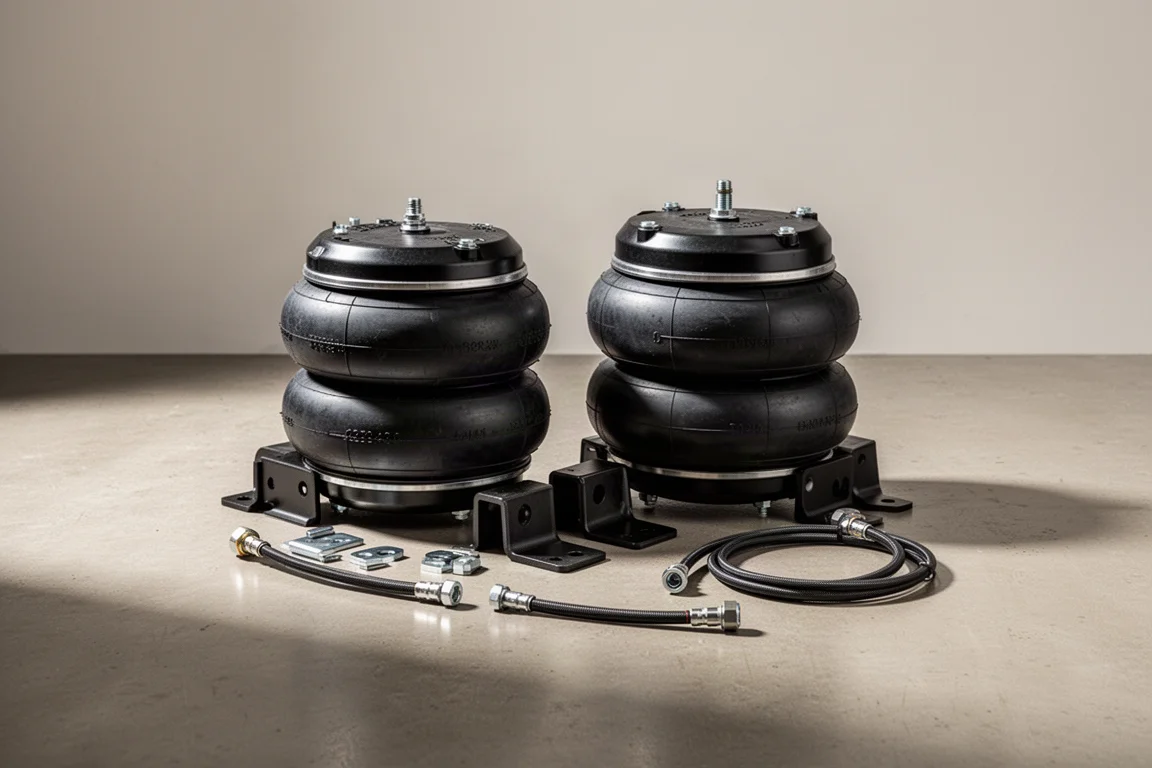Air suspension bag kit with brackets and air line on a concrete floor