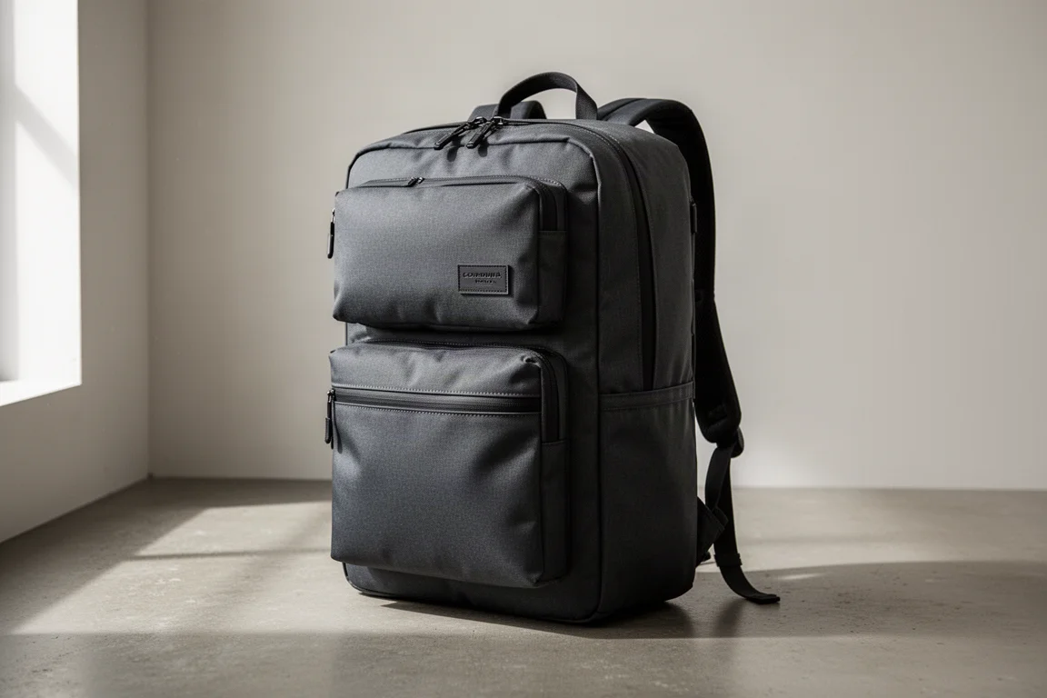 Zaino da viaggio scuro in Cordura con due tasche frontali su una superficie di cemento