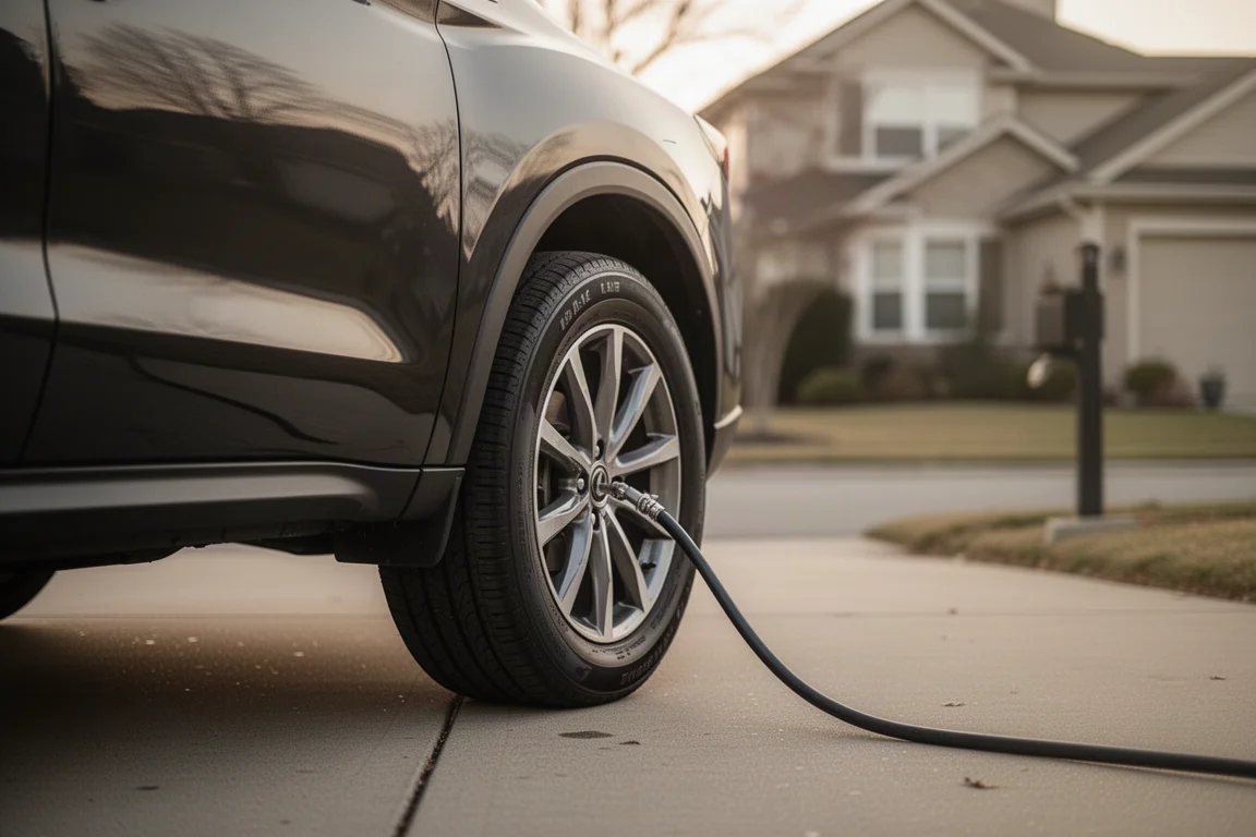 Huisbezitter die op een oprit de bandenspanning van een SUV bijvult