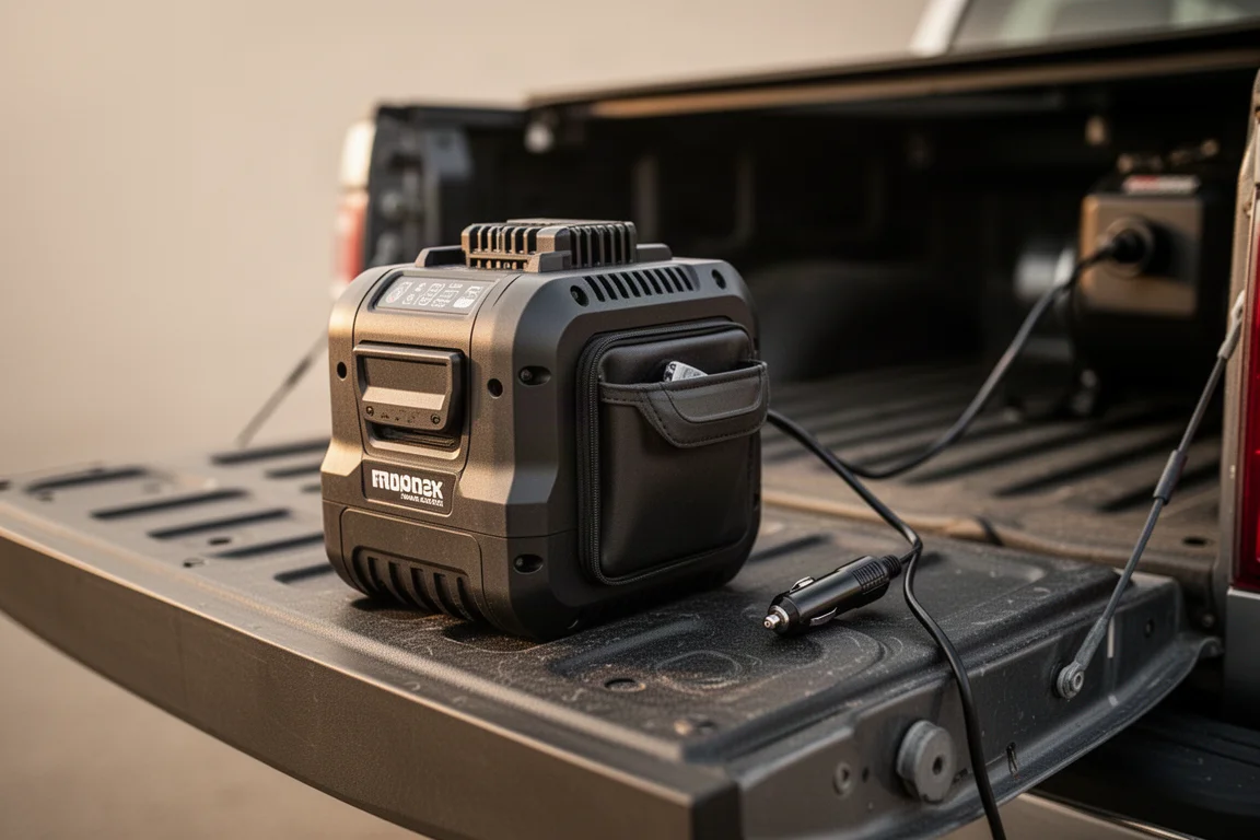 Accukompressor met close-up van een 12V-adapterkabel