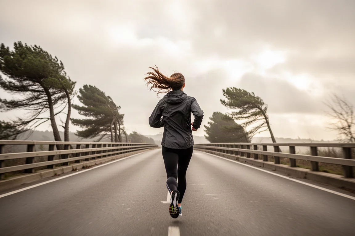 Un coureur sur une route de pont venteuse avec des arbres penchant en arrière-plan