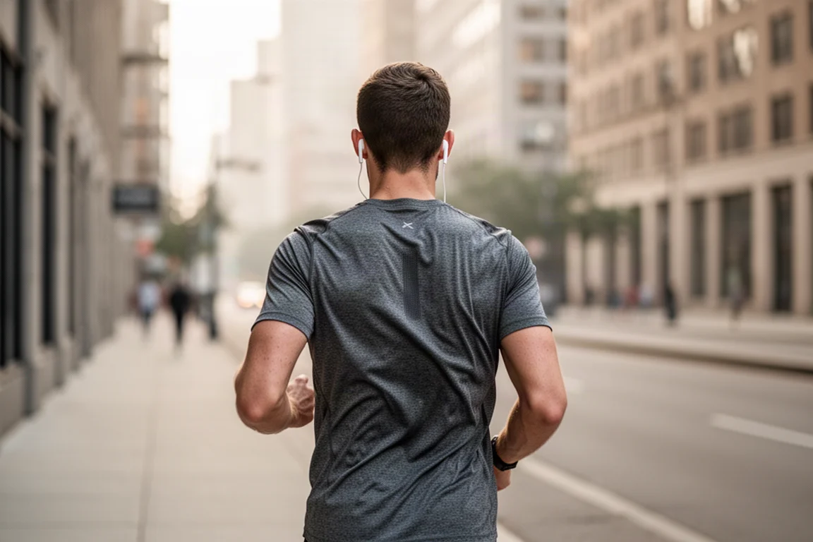 Runner wearing wireless earbuds on an urban sidewalk in soft morning light