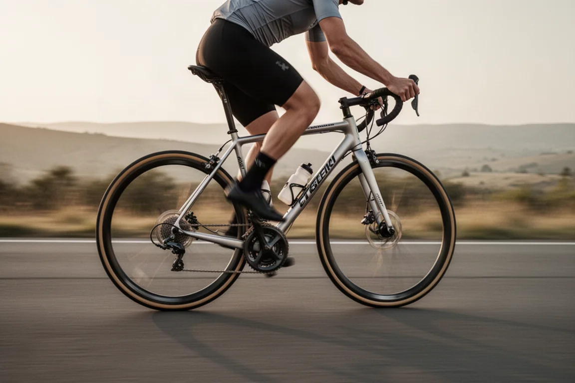 Cyclist on an open road with one ear free, motion blur in the background